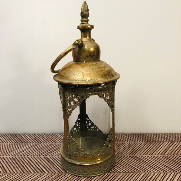 Decorative Lantern Round Gold Tone Metal Glass 15" w/ Handle Christmas Decor - Picture 5 of 8